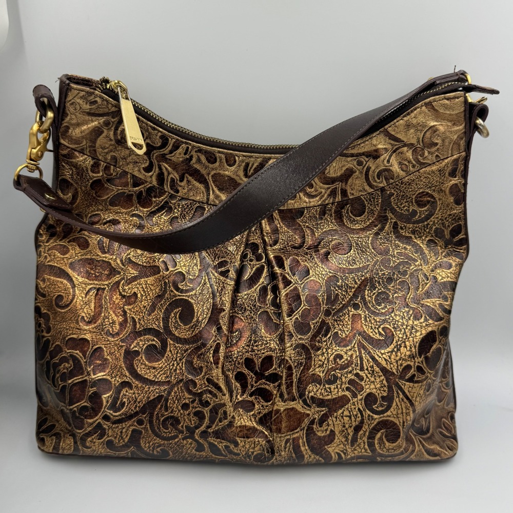 Brahmin Hobo Bag Women M Gold Bronze Embossed Leather Baroque Floral Scroll